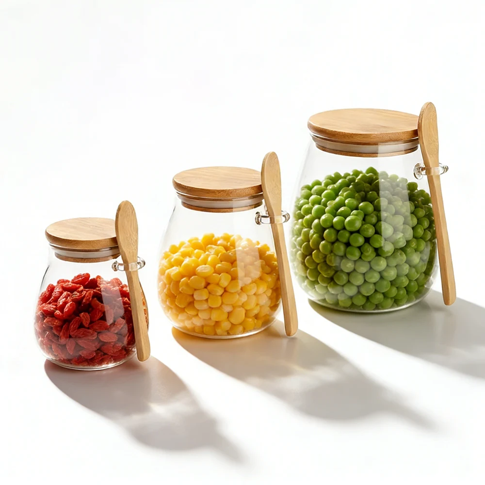 glass jars with bamboo lids and spoons