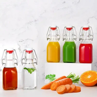 Clear Small Square 5 oz Flip Top Glass Bottles in Bulk